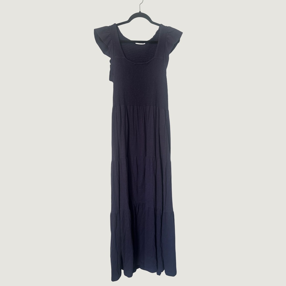 Lucky Brand Maxi Dress Women XL Navy Smocked Tiered Pockets Boho Prairie Cottage